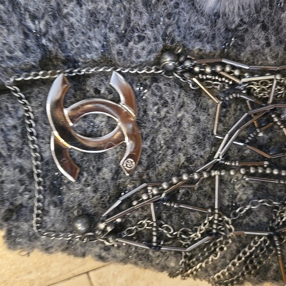 RARE Gray Metallic Accent Cardigan Sweater with Feather Accent Trim - Picture 4 of 16